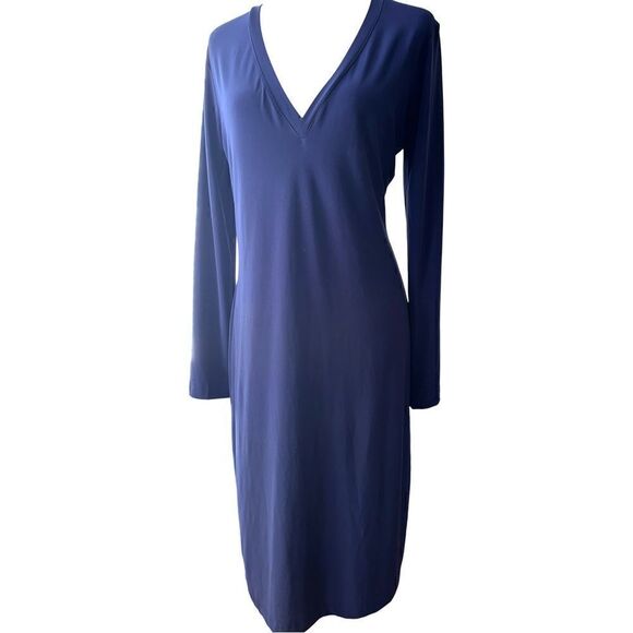 Norma Kamali Sheath Dress Large L Navy Blue Long Sleeve Stretch Washable - Picture 3 of 7